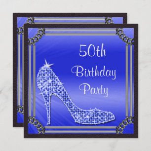 Elegant Silver Framed Blue Stiletto 50th Birthday Invitation