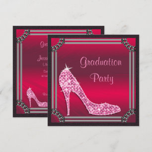 Elegant Silver Framed Hot Pink Stiletto Graduation Invitation