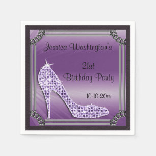 Elegant Silver Framed Lilac Stiletto 21st Birthday Napkin