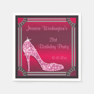 Elegant Silver Framed Pink Stiletto 21st Birthday Napkin