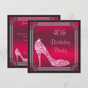 Elegant Silver Framed Pink Stiletto 40th Birthday Invitation