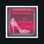 Elegant Silver Framed Pink Stiletto 40th Birthday Napkin<br><div class="desc">Beautiful, elegant 40th Birthday party napkins for women and girl's. This serviette has a pretty bling, rhinestone jewels diamond stiletto / high heel shoe, on a pretty gradient pink background with a stunning silver frame, all printed on a black leather texture background.All text is fully customisable to meet your requirements....</div>