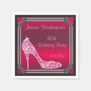 Elegant Silver Framed Pink Stiletto 40th Birthday Napkin