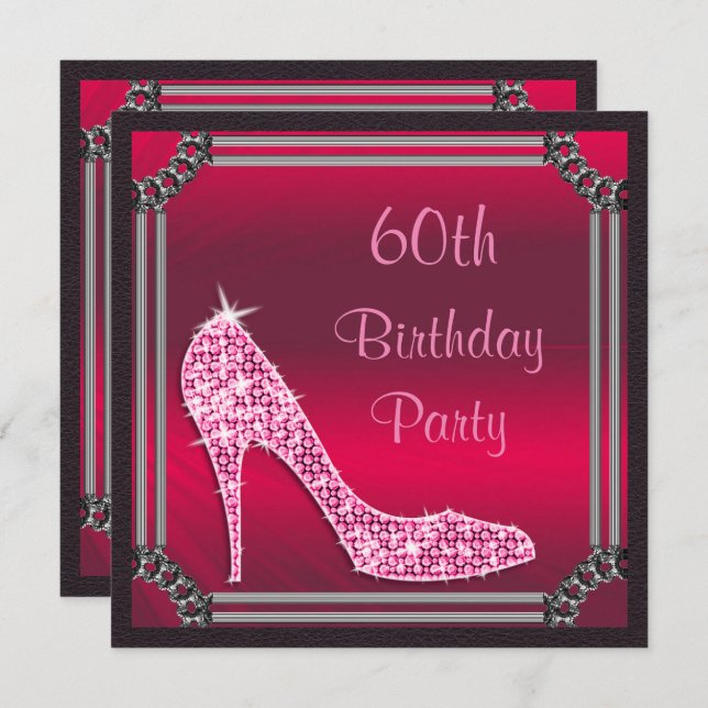 Elegant Silver Framed Pink Stiletto 60th Birthday Invitation (Front/Back)