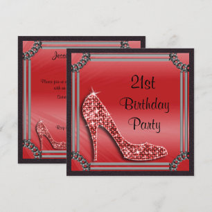 Elegant Silver Framed Red Stiletto 21st Birthday Invitation