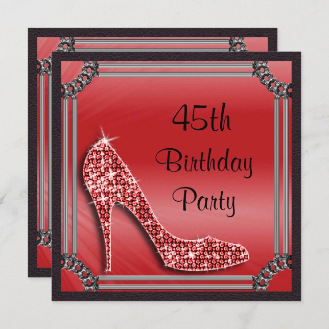 Elegant Silver Framed Red Stiletto 45th Birthday Invitation (Front/Back)