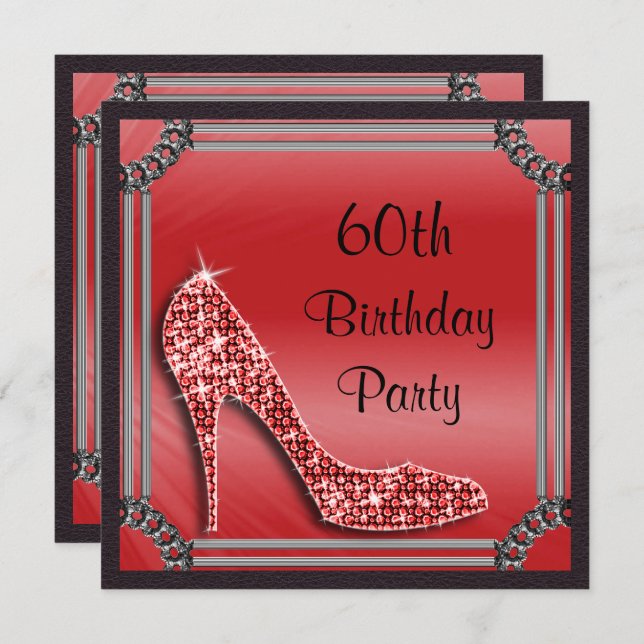 Elegant Silver Framed Red Stiletto 60th Birthday Invitation (Front/Back)