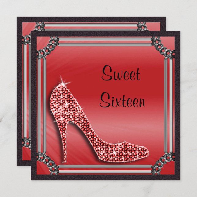 Elegant Silver Framed Red Stiletto Sweet 16 Invitation (Front/Back)