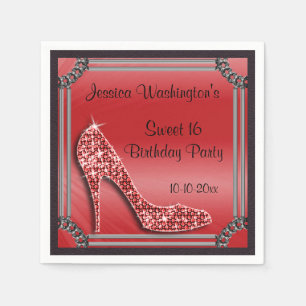 Elegant Silver Framed Red Stiletto Sweet 16 Napkin