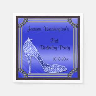 Elegant Silver Framed Stiletto Blue 21st Birthday Napkin