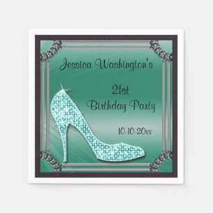 Elegant Silver Framed Stiletto Teal 21st Birthday Napkin