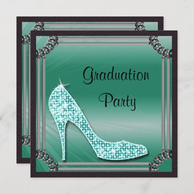 Elegant Silver Framed Teal Stiletto Graduation Invitation (Front/Back)
