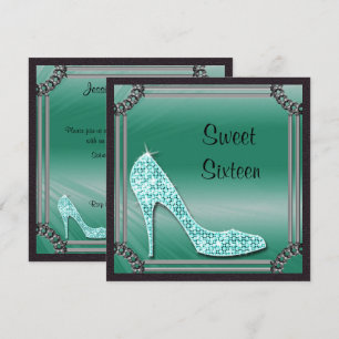 Elegant Silver Framed Teal Stiletto Sweet 16 Invitation