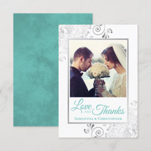 Elegant Silver Frills & Aqua Love & Thanks Wedding Thank You Card