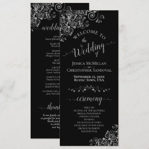 Elegant Silver Frills on Black Simple Wedding Program