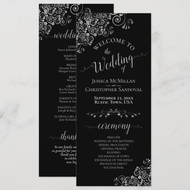 Elegant Silver Frills on Black Simple Wedding Program (Front/Back)