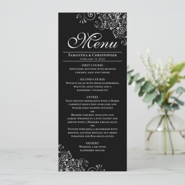 Elegant Silver Frills on Black Wedding Menu (Standing Front)