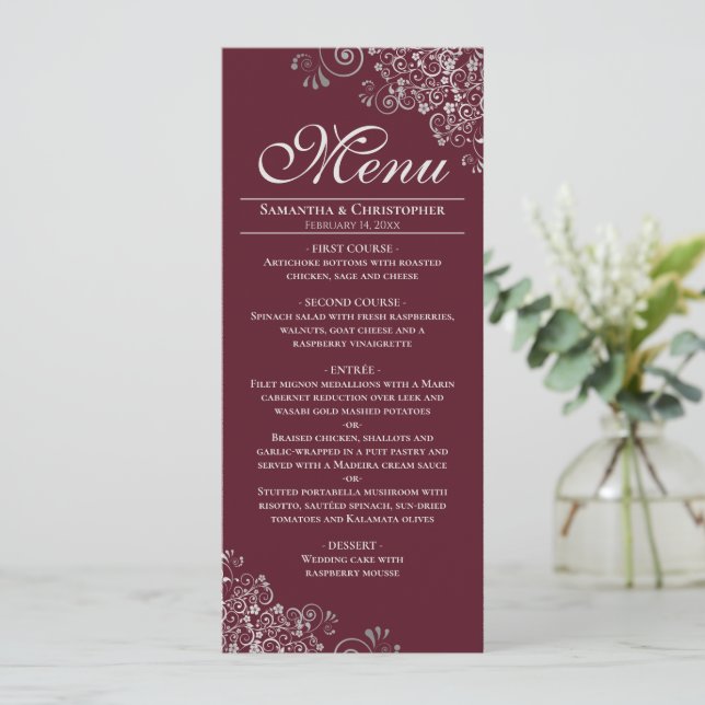 Elegant Silver Frills on Burgundy Maroon Wedding Menu (Standing Front)