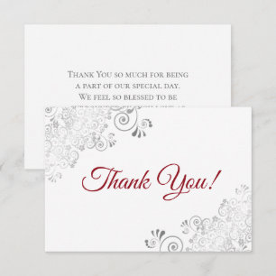 Elegant Silver Frills Red Script on White Wedding Thank You Card