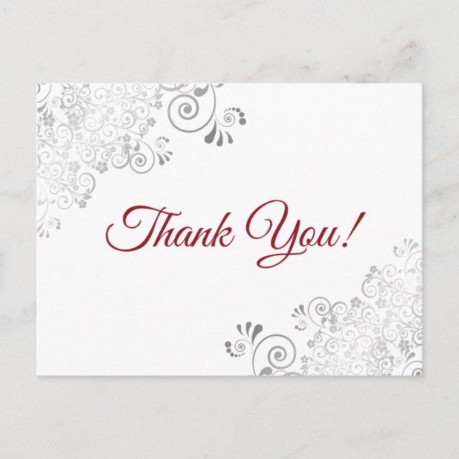 Elegant Silver Frills Red Script Wedding Thank You Postcard (Front)