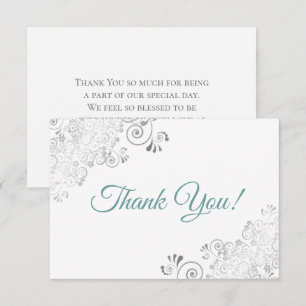 Elegant Silver Frills Teal Script on White Wedding Thank You Card