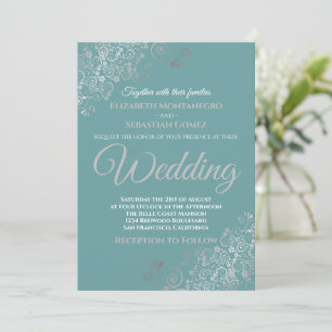 Elegant Silver Frills Teal Wedding Invitation