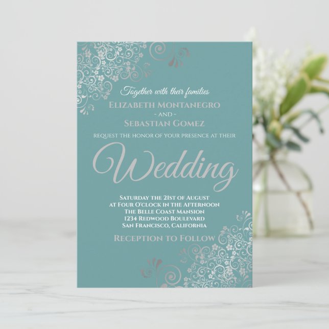 Elegant Silver Frills Teal Wedding Invitation (Standing Front)