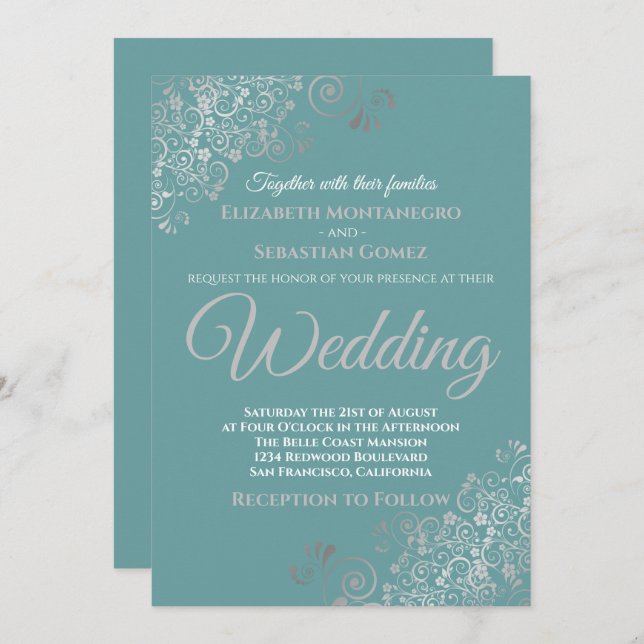 Elegant Silver Frills Teal Wedding Invitation (Front/Back)