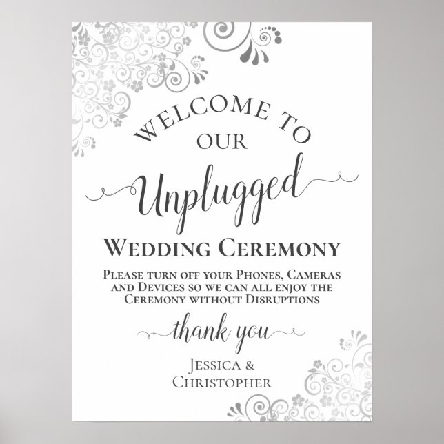 Elegant Silver Frills Unplugged Wedding Ceremony Poster (Front)