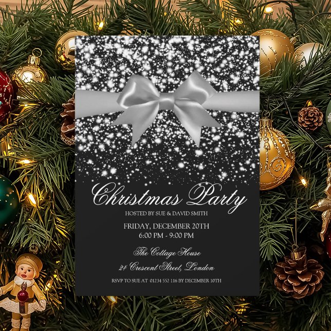 Elegant Silver Glam Bow Christmas Party  Invitation (Elegant Silver Glam Bow Christmas Party Invitation)