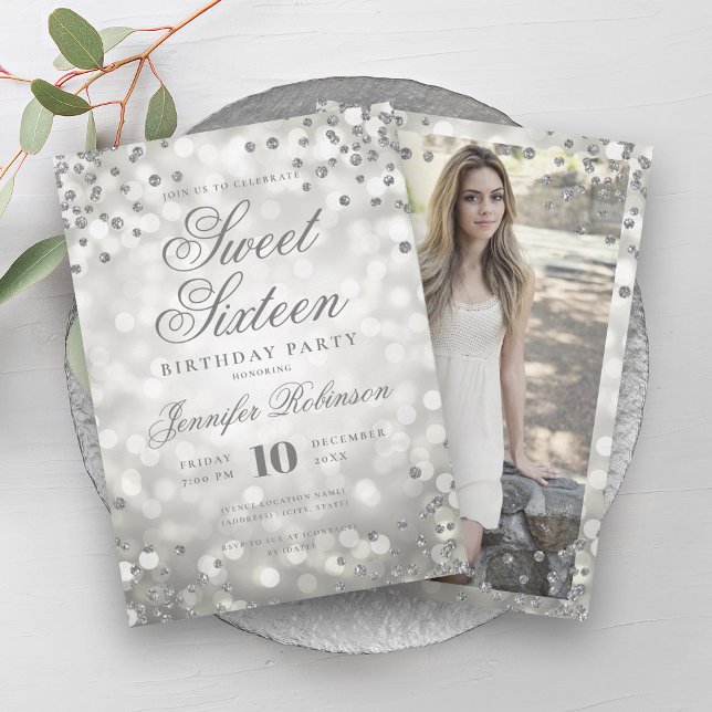 Elegant Silver Glam Lights Photo Sweet 16   Invitation (Elegant Silver Glam Lights Photo Sweet 16 Invitation)