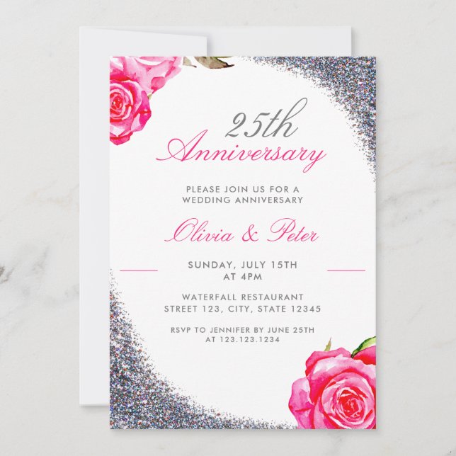 Elegant Silver Glitter 25th Wedding Anniversary Invitation (Front)