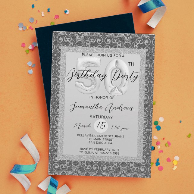 Elegant Silver Glitter 50th Birthday Invitation (Creator Uploaded)