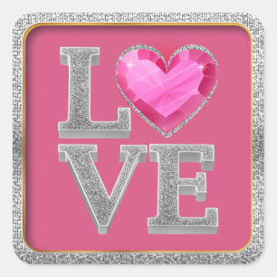  Elegant Silver Glitter and Pink Heart Jewel Art Square Sticker