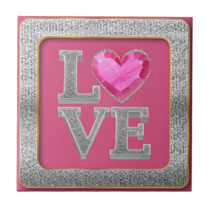 Elegant Silver Glitter and Pink Heart Jewel Ceramic Tile