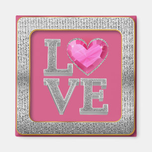 Elegant Silver Glitter and Pink Heart Jewel Square Magnet
