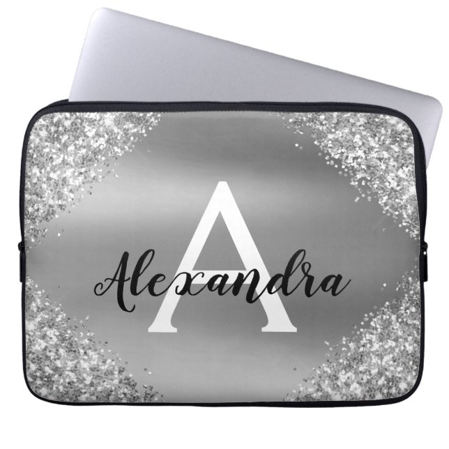 Elegant Silver Glitter and Sparkle Monogram Laptop Sleeve (Front)
