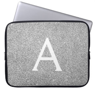 Elegant Silver Glitter and Sparkle Monogram Laptop Sleeve