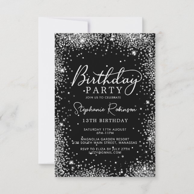 Elegant Silver Glitter Black Glitter 13th Birthday Invitation (Front)