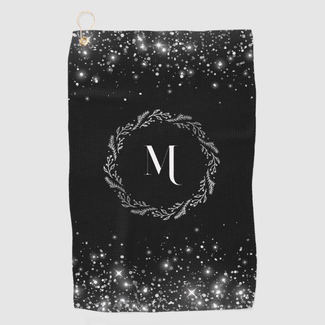 Elegant Silver Glitter Black Monogram  Golf Towel (Front)