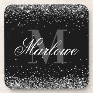 Elegant Silver Glitter Black White Monogram Coaster