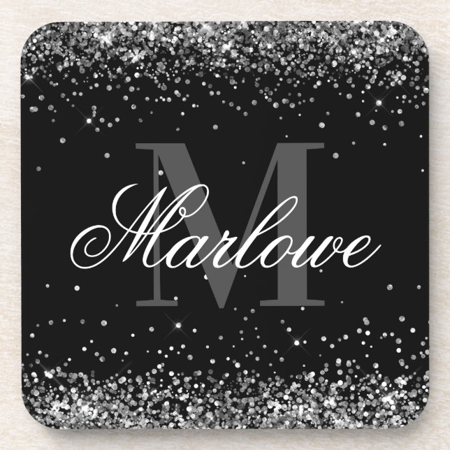Elegant Silver Glitter Black White Monogram Coaster (Front)