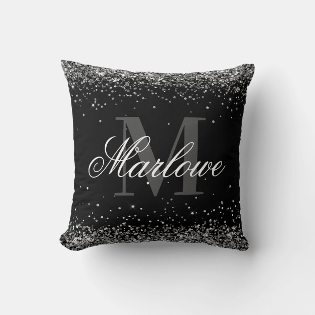Elegant Silver Glitter Black White Monogram Cushion (Front)