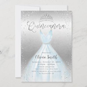 Elegant silver glitter blue dress Quinceañera Invitation