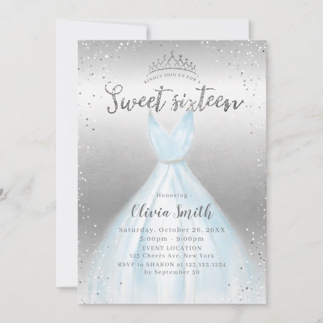 Elegant silver glitter blue Dress sweet 16 Invitation (Front)