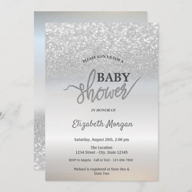 Elegant Silver Glitter Bokeh Baby Shower Invitation (Front/Back)