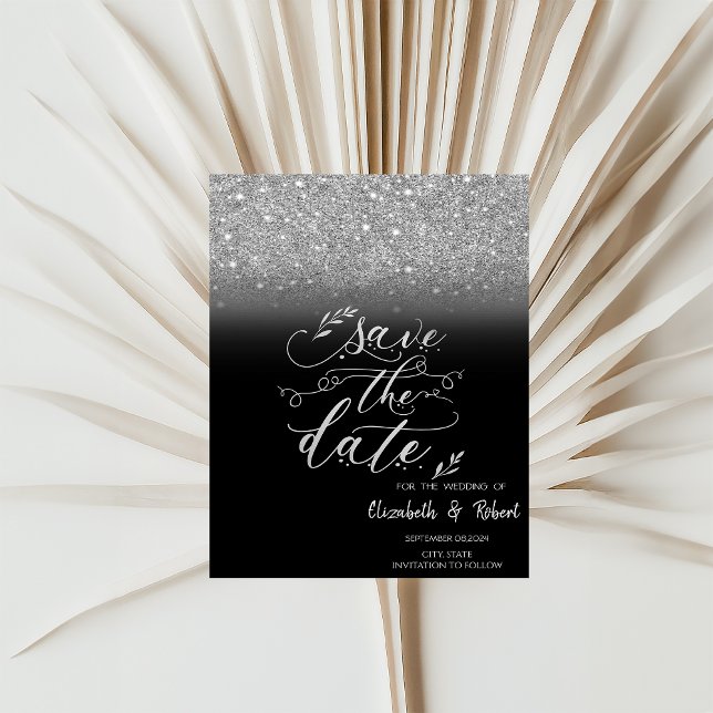 Elegant Silver Glitter Bokeh Black Save The Date (Creator Uploaded)