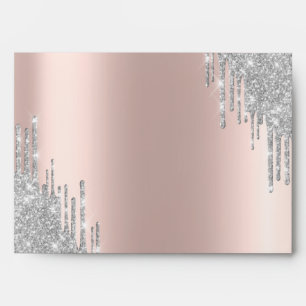 Elegant Silver Glitter Bokeh Drips Rose Gold Envelope