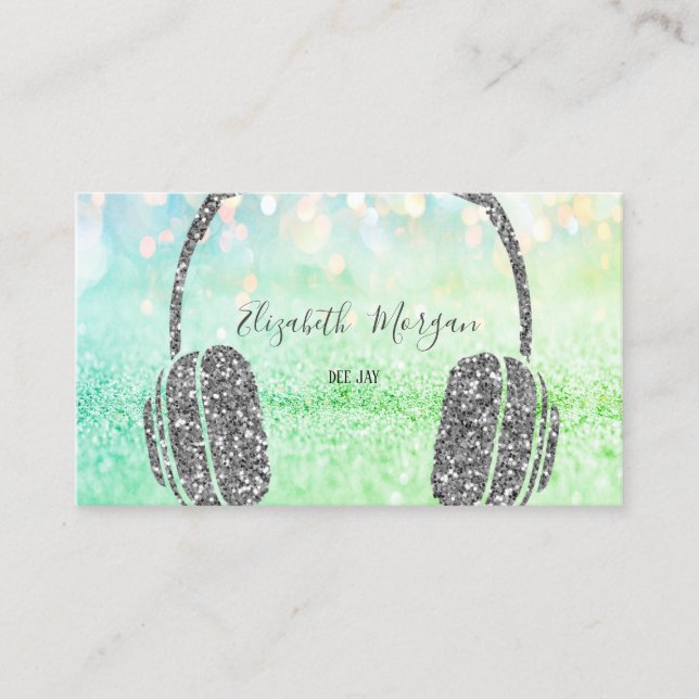 Elegant Silver Glitter Bokeh Headphone DJ  Business Card (Front)