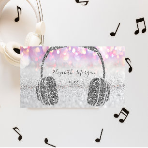 Elegant Silver Glitter Bokeh Headphone DJ Business Card